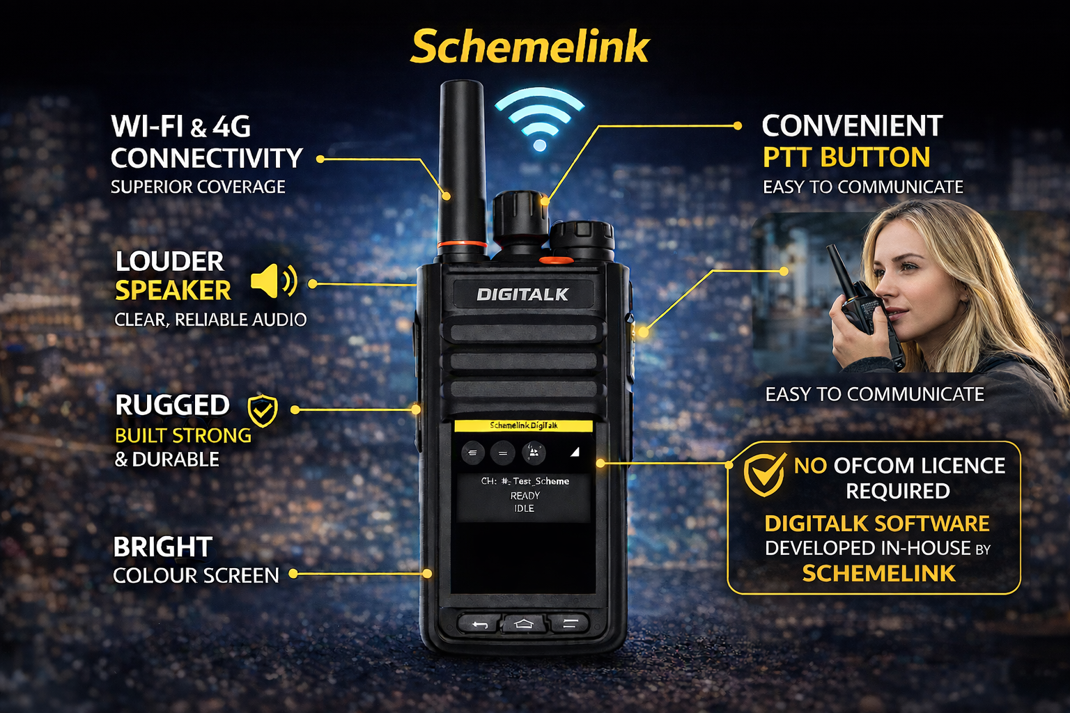 Feature overview of the Schemelink DigiTalk radio handset